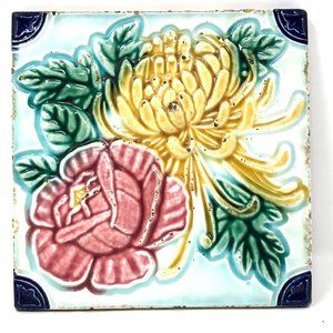 Italian Stoneware Floral Wall Tile, Handpainted Flower Tile, Ceramic Tile Art